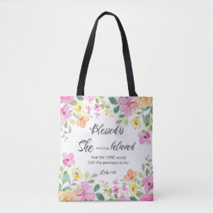 Bolso De Tela Luke 1:45 bendecida es ella, floral de las escritu