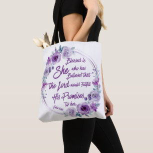 Bolso De Tela Luke 1:45 bendecido es su morado floral