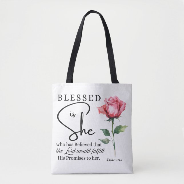 Bolso De Tela Luke 1:45 Bendita es su flor Rosa (Anverso)