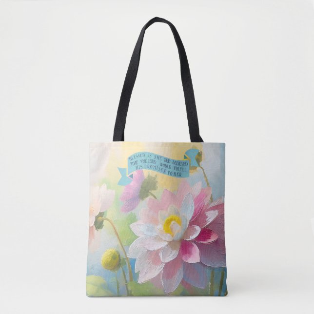 Bolso De Tela Luke 1:45,Flor de Dahlia, Biblia cita a madres (Anverso)