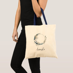 Bolso De Tela Luna de la Media Luna Azul con flores blancas