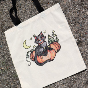 Bolso De Tela Luna de parche de calabaza para gato negro
