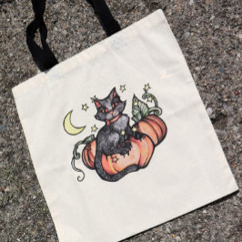 Bolso De Tela Luna de parche de calabaza para gato negro
