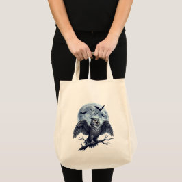 Bolso De Tela Luna llena Búho Gris y Murciélagos