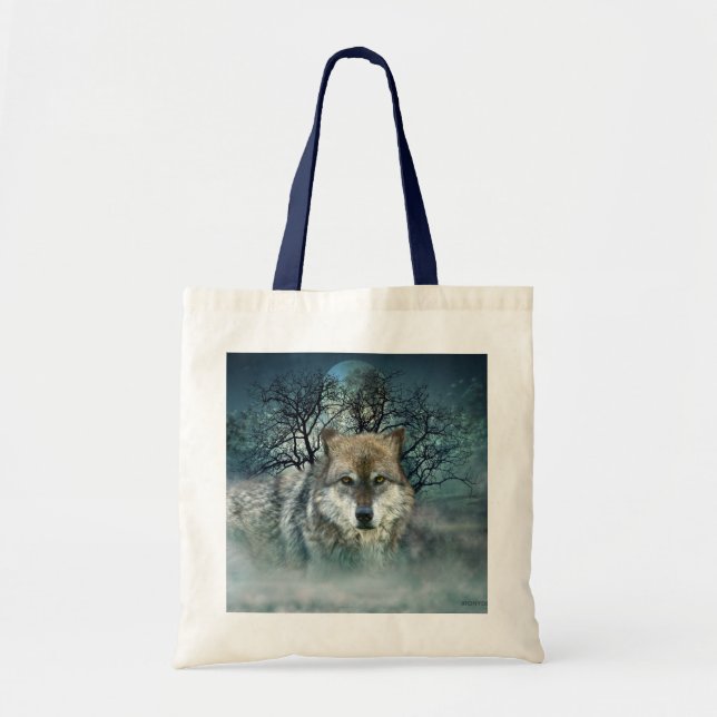 Bolso De Tela Luna Llena del lobo en niebla (Frente)