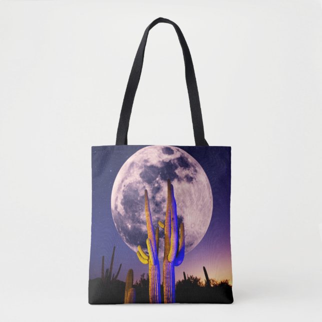 Bolso De Tela Luna Llena Sobre Cactus Saguaro (Anverso)