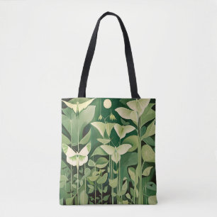 Bolso De Tela Luna Moth y flores - Verde y Crema