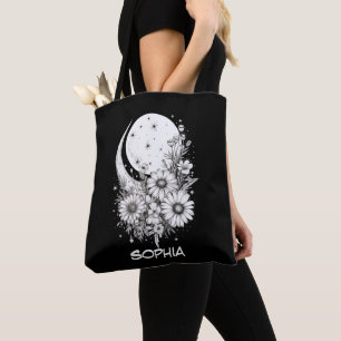 Bolso De Tela luna negra y flores personalizadas con nombre