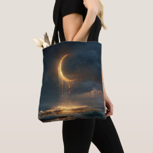 Bolso De Tela Luna Surrealista de Creciente Dorado sobre el océa