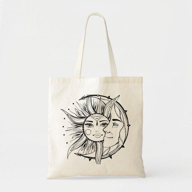 Bolso De Tela Luna y sol. Ilustracion de tatuajes de estilo vint (Frente)