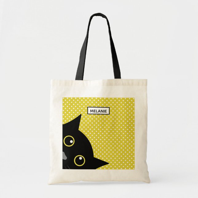 Bolso De Tela Lunar curioso del amarillo del gato negro (Frente)