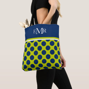Bolso De Tela Lunares azules de marino sobre monograma verde lim