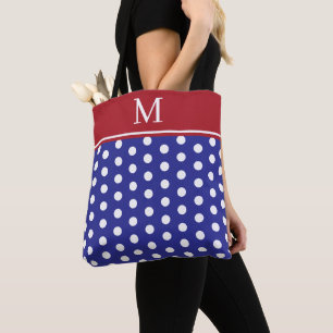 Bolso De Tela Lunares Azules y Blancos con Monograma Rojo