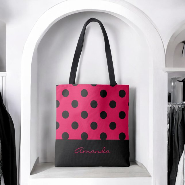 Bolso De Tela Lunares elegantes negros y fucsias con el (Personalize with your name or other desired text.)