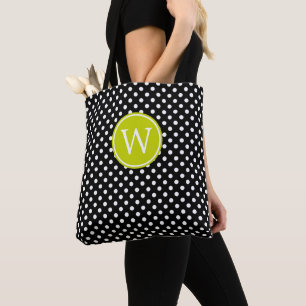 Bolso De Tela Lunares Negros y Blancos Con Monograma Verde Lima