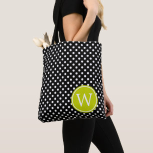 Bolso De Tela Lunares negros y blancos con monograma verde lima