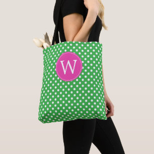 Bolso De Tela Lunares Verdes y Blancos con Monograma Rosa
