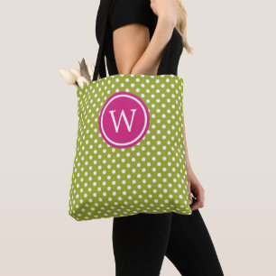 Bolso De Tela Lunares verdes y blancos con monograma rosa