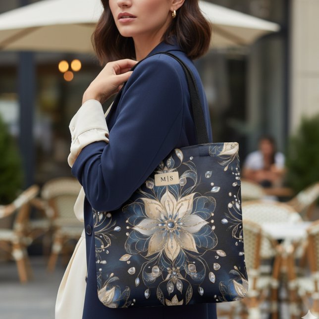 Bolso De Tela Luxury Navy Gold Floral (luxury navy gold floral tote bag with monogram, elegant personalized gift for her)