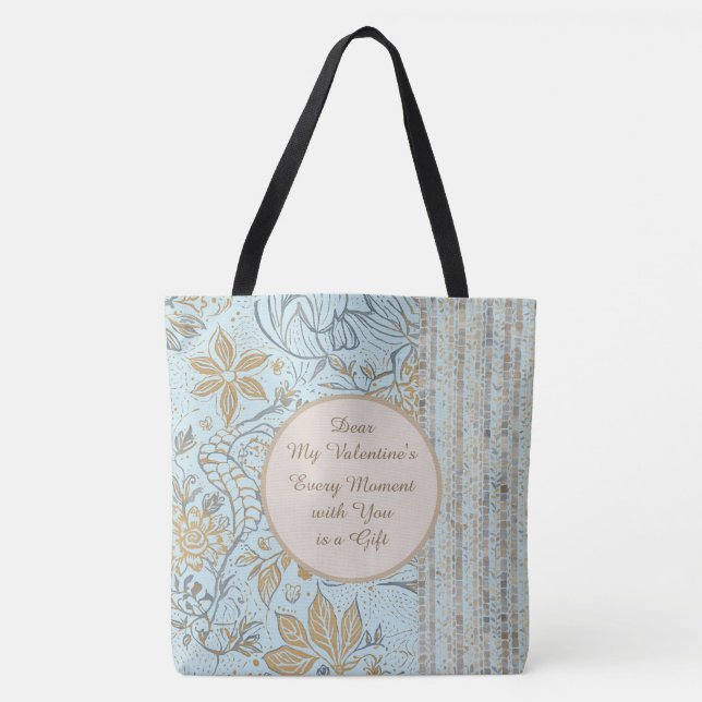 Bolso De Tela Luxury, Valentine's Day,Gold Soft Blue Flowers Art (Anverso)