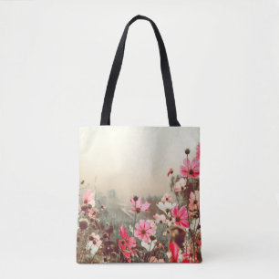 Bolso De Tela Luz matutina, cosmos rosados florecientes.