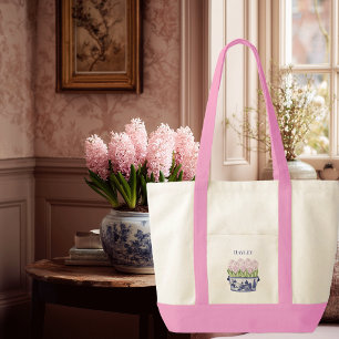Bolso De Tela Macetero de Chinoiserie con Jacintos Rosados y Laz