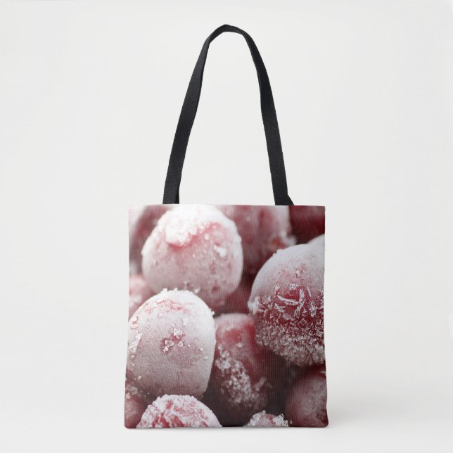 Bolso De Tela Macrocerezas congeladas, textura de cierre. (Anverso)