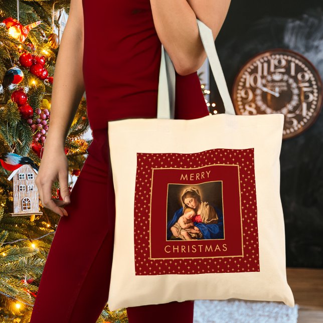 Bolso De Tela Madonna y niños Navidades religiosos tradicionales (Religious Christmas tote bag with Madonna & Child in red and gold for Catholics/Christians)