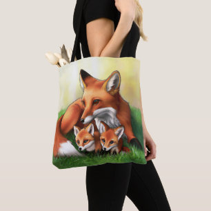 Bolso De Tela Madre de Fox roja y Kits en la hierba