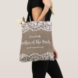Bolso De Tela Madre de la novia Rústica Lace Burlap Personalizad<br><div class="desc">A la Madre de la Novia le encantará esta hermosa bolsa de té personalizada con un rústico borde de encaje sobre un falso fondo de burrega. Añade el nombre de la Madre de la Novia y el texto personalizado para personalizar. Perfecto para llevar lo esencial del boda como maquillaje, zapatos,...</div>