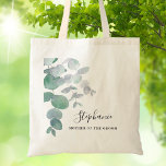 Bolso De Tela Madre del Personalizado de Groom Eucalyptus Greene<br><div class="desc">Esta elegante Bolsa Madre del Groom Tote está decorada con hojas de eucalipto acuarela en tonos suaves de verde. Personalizable fácil. Para seguir editando, utilice la Herramienta de diseño para cambiar el tipo de letra, el tamaño de la fuente o el color. Porque creamos nuestra obra de arte no encontrarás...</div>