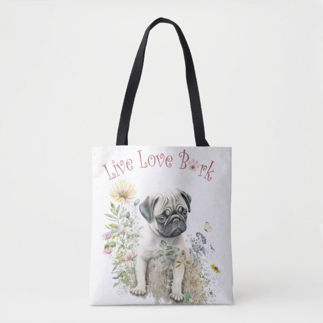 Bolso De Tela Madre Perro Pug Floral (Anverso)