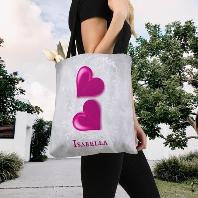 Bolso De Tela Magenta Corazones Personalizados Tote Bag (Magenta Hearts Personalized Tote Bag)