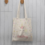 Bolso De Tela Magnifica Unicornio y estrellas personalizadas<br><div class="desc">Añade un toque de magia a la vida de tus niñas con esta hermosa bolsa de unicornio. Con un fondo de estrellas coloridas,  un unicornio mágico con purpurina dorado y flores rosadas y el nombre de su hijo.</div>