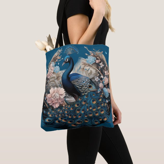 Bolso De Tela Magnífico pavo real con base azul (Detalle)