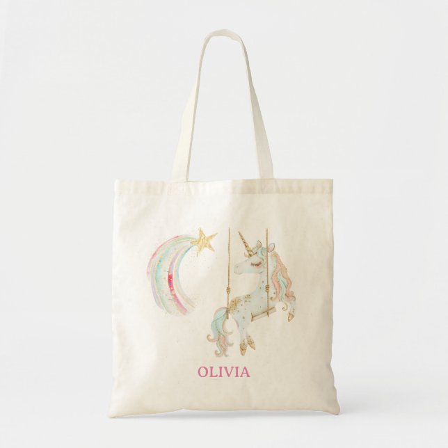 Bolso De Tela Magnífico unicornio sobre el ala dorada (Frente)