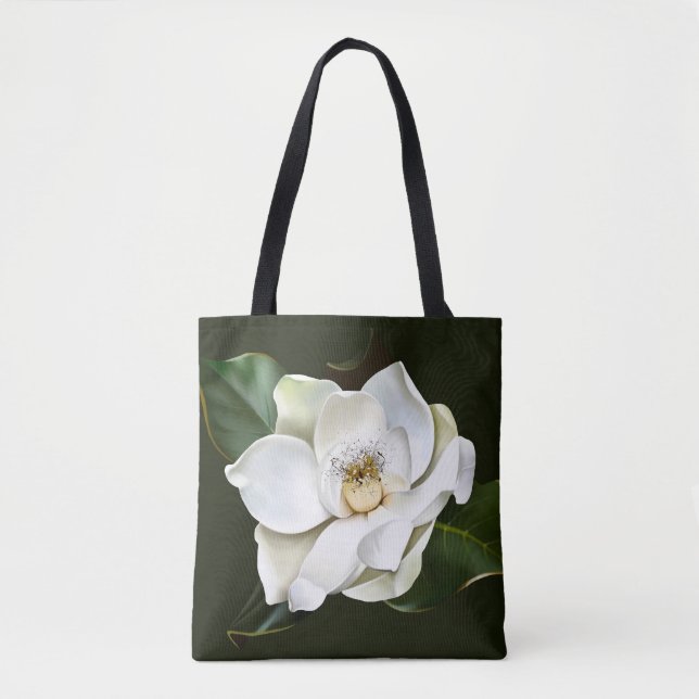 Bolso De Tela Magnolia blanca cierra fondo verde (Anverso)