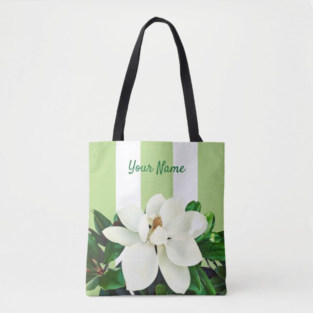 Bolso De Tela Magnolia Bloom | Verde y blanco personalizado (Anverso)
