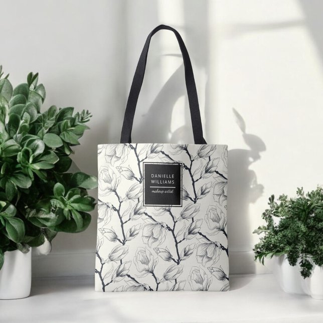 Bolso De Tela Magnolia Botánica Elegante en Blanco y Negro (Subido por el creador)