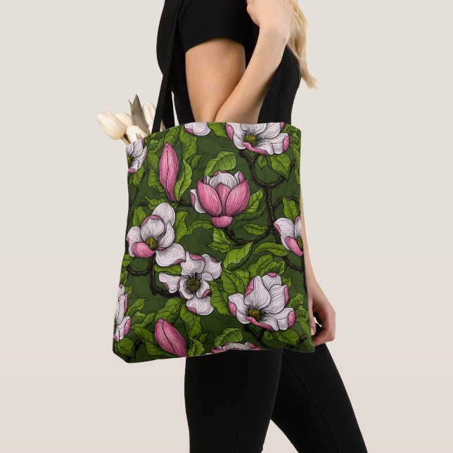 Bolso De Tela Magnolia floreciente en verde oscuro (Detalle)