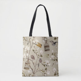 Bolso De Tela Magnolia Grove with Owls in Ecru Beige