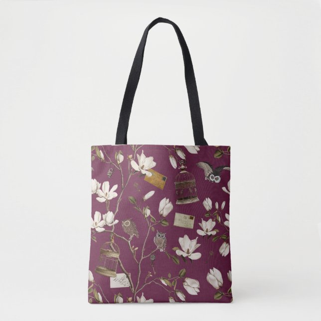 Bolso De Tela Magnolia Grove with Owls in Mulberry Red (Anverso)
