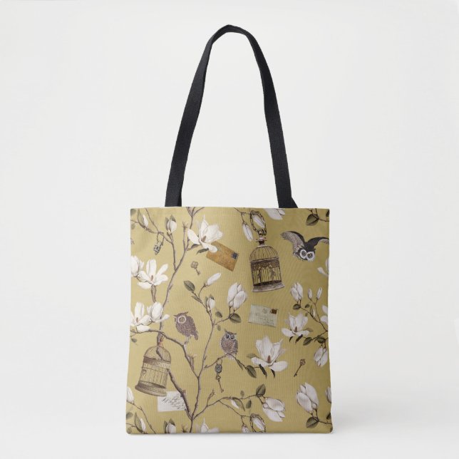 Bolso De Tela Magnolia Grove with Owls in Yellow (Anverso)