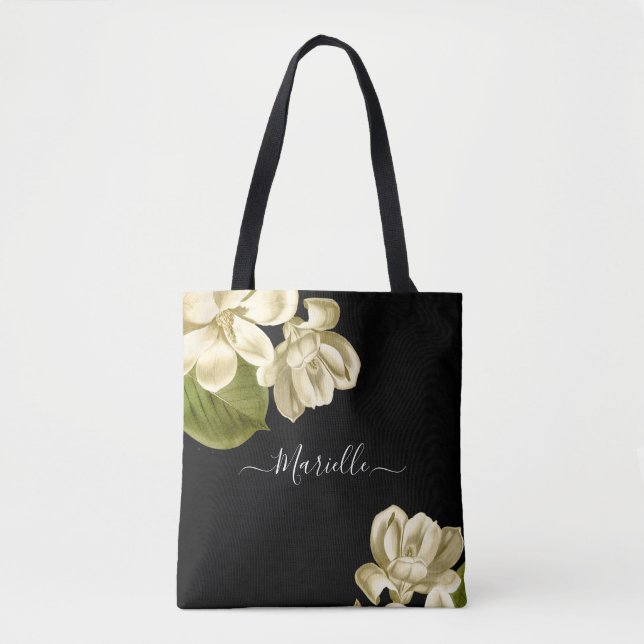 Bolso De Tela Magnolias Blancas De moda En Estilo Negro (Anverso)