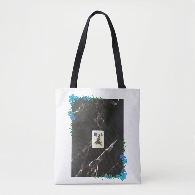 Bolso De Tela Mahjong Tote Bag con acento floral azul (Anverso)