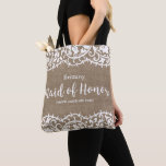 Bolso De Tela Maid of Honor Rústic Lace Burlap Wedding Custom We<br><div class="desc">A su empleada de honor le encantará esta hermosa bolsa de tote personalizada con un rústico borde de encaje sobre un falso fondo de burrega. Añade el nombre y el texto personalizado de tu sirvienta de honor para personalizar. Perfecto para llevar lo esencial del boda como maquillaje, zapatos, ropa y...</div>