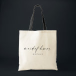 Bolso De Tela Maid of Honor Tote Bag | Guión moderno<br><div class="desc">¡Esta simple bolsa de té es un regalo tan divertido para tus chicas favoritos! El diseño minimalista y elegante es perfecto para la novia moderna. Con un script de firma manuscrita con una sencilla fuente sans-serif. Personalice este bolso con el nombre de su criada de honor haciendo clic en "Detalles"...</div>
