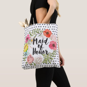 Bolso De Tela Maid of Honor Typography Watercolor Floral Wreath