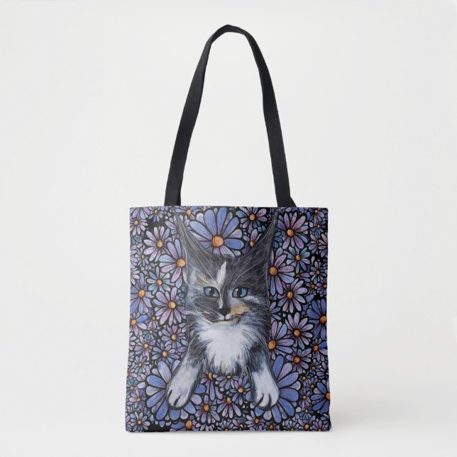 Bolso De Tela Maine Coon Dilute Calico Cat Purple Daisy (Anverso)