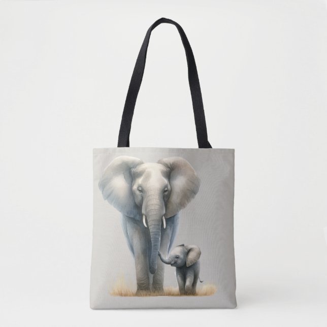 Bolso De Tela Majestuoso elefante africano y bebé en acuarela (Anverso)